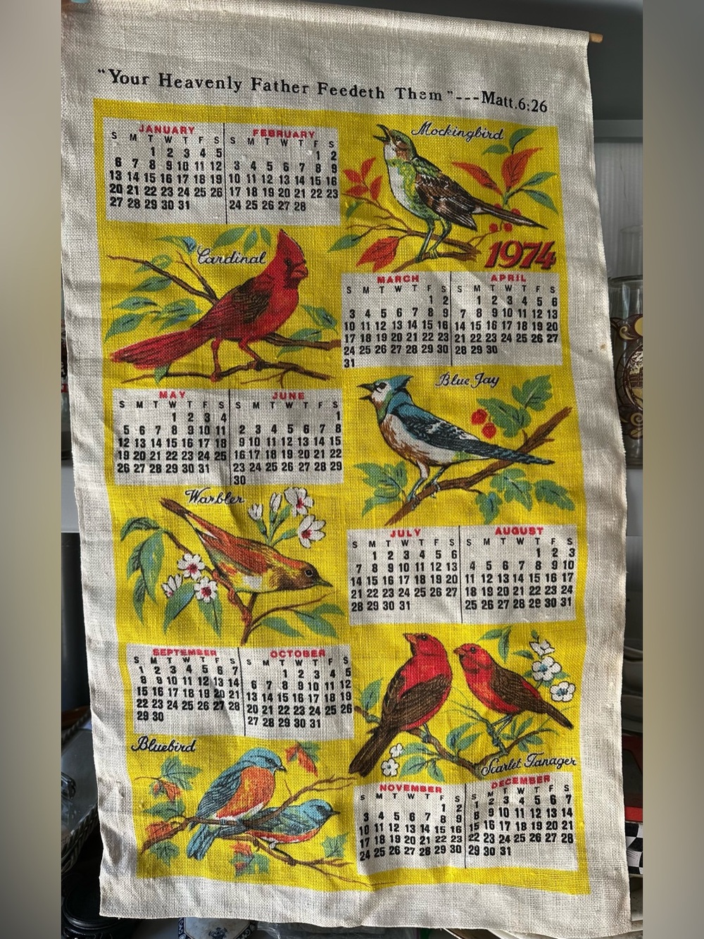 Vintage 1974 Bird Calendar Tea Towel